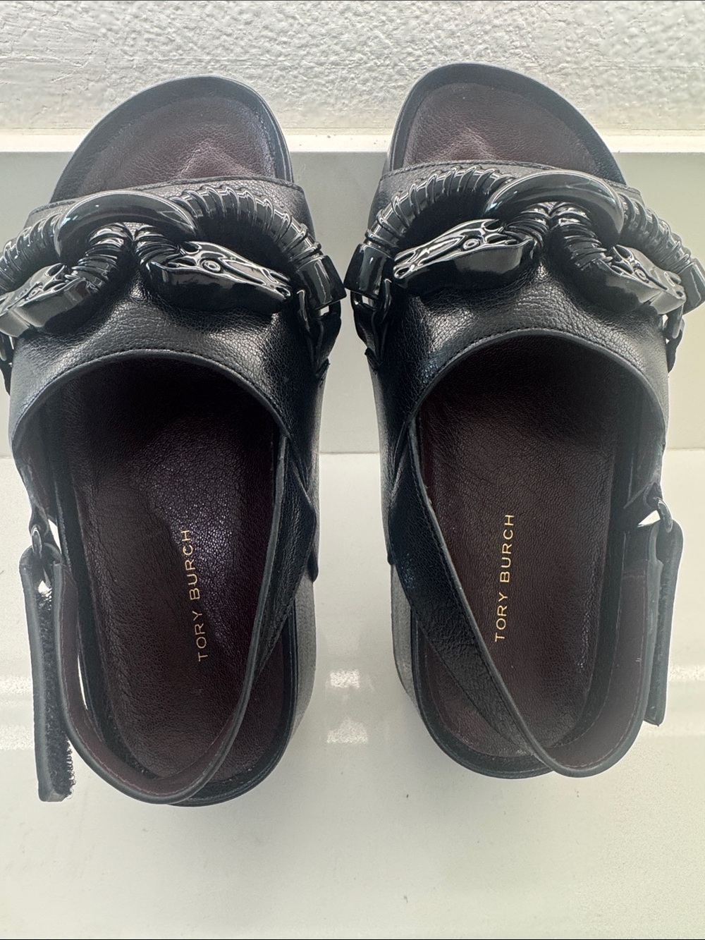 Tory Burch Black Leather Slingback Slides with Chain Accent - Picture 1 of 4
